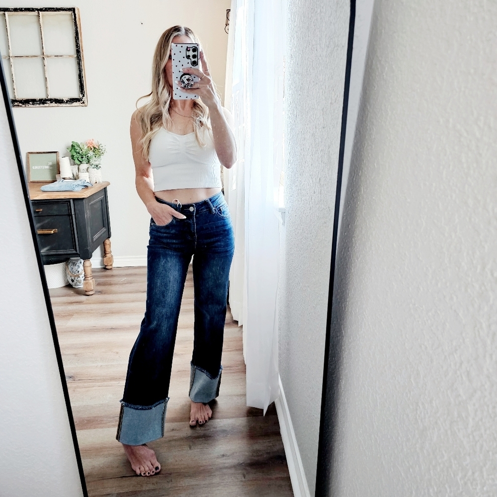 Risen Mid Rise Dark Wash Slim Wide Leg Wide Cuff Denim Jeans Stretch Various NEW - Picture 2 of 11